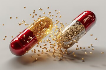 Two pills are shown in a close up, one red and one gold