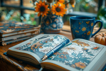 Fototapeta premium coloring books for children, already painted, there is a felt-tip pen next to them,generative ai