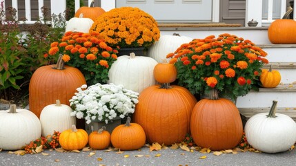 Vibrant orange and white pumpkins are arranged alongside colorful mums on wooden porch steps, celebrating the warmth of autumn in a charming outdoor setting
