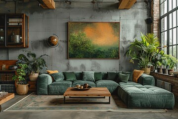 A living room with a large green couch and a painting on the wall