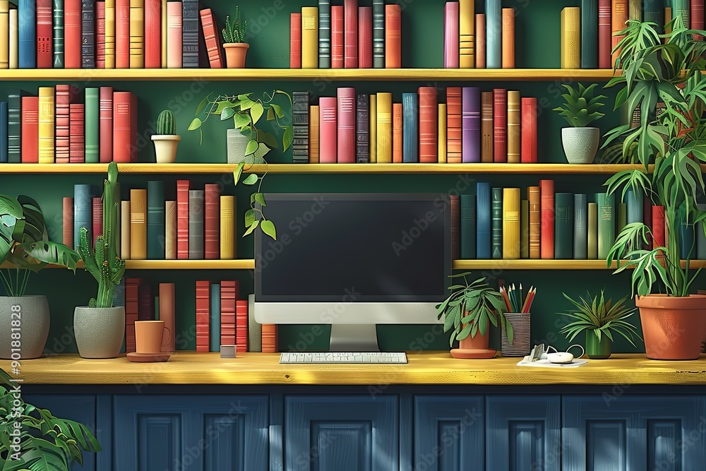 Poster a computer desk with a monitor and a keyboard on a wooden surface
