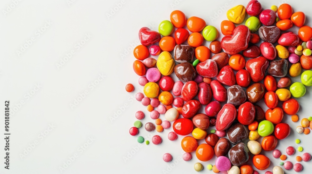 Poster candy and sweets presented in a heart shape on a white background with focus and space for text