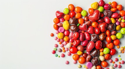 Obraz premium Candy and sweets presented in a heart shape on a white background with focus and space for text