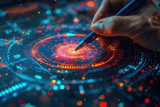 A hand is drawing a circle on a computer screen with a pen