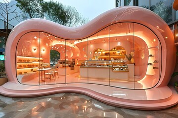 Fototapeta premium A pink building with a curved glass front