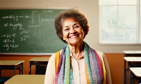 Medium shot portrait video of a grinning woman in her 70s that is wearing a foulard against a classroom or educational setting background