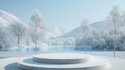 Fototapeta premium Surreal Beautiful Dream land background. Abstract Dune in winter season landscape with geometric arch. Escapism minimal atmospheric illustration. Christmas mood 3d render. Glass, mirror, wate and ice