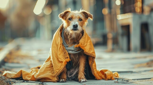 Stray dog in clothing on street Animal welfare concept