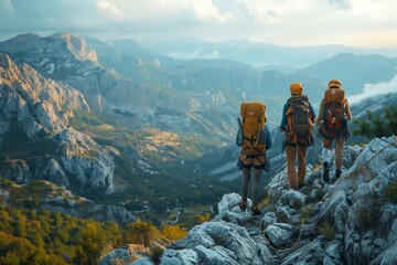 Three Hikers Enjoying a Scenic View Overlooking Majestic Mountains in the Early Morning Light