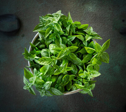 Basil leaves in a bowl