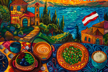 symbols of Lebanon. Include elements such as the Cedars of Lebanon, a plate of tabbouleh, the Jeita Grotto, a Lebanese flag, a traditional Lebanese house with red tiles, and a cup of Lebanese coffee. 