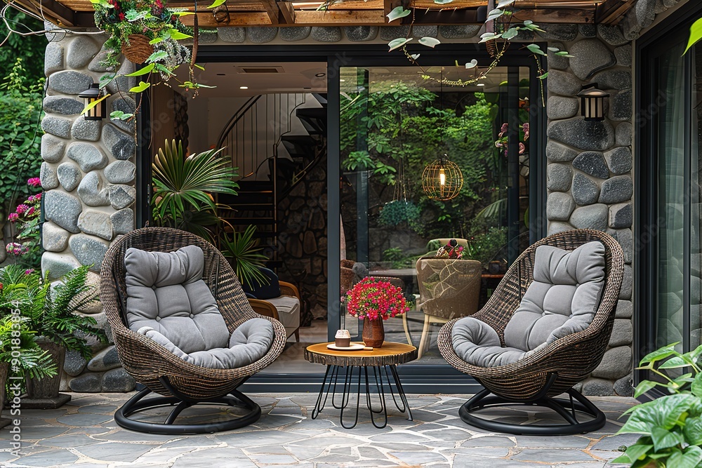 Poster a patio with two wicker chairs and a table