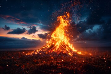 Majestic Bonfire Blazes Under Starry Sky at Twilight on Serene Beach