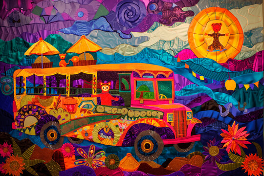 symbols of the Philippines. Include elements such as a jeepney, a traditional bahay kubo house, a plate of adobo, a tarsier, the Chocolate Hills, and a parol (Christmas lantern). 