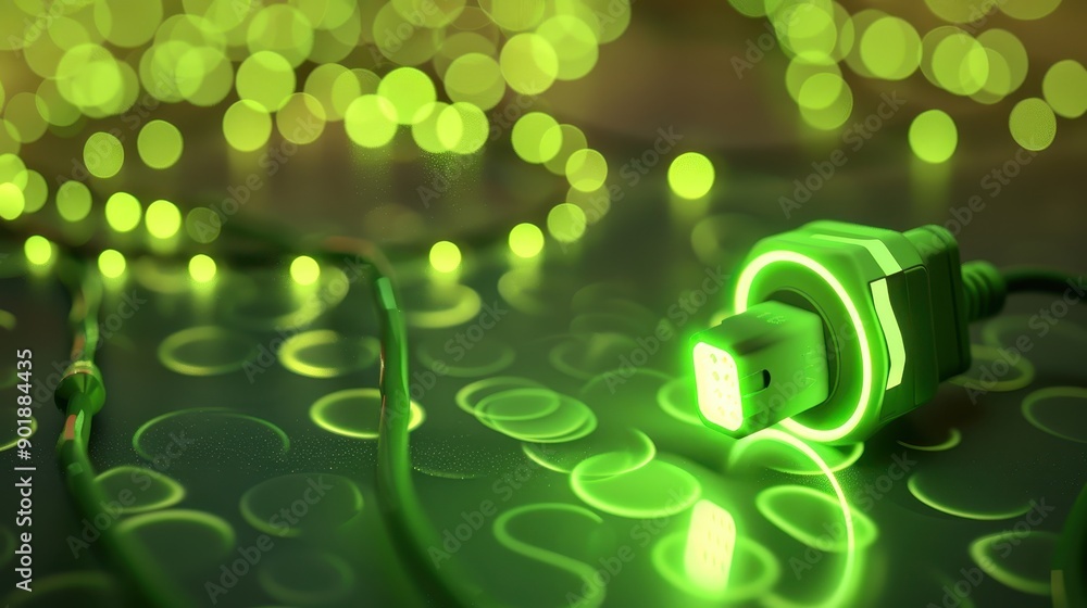 Poster glowing green usb-c connector with a cable, set against a backdrop of bokeh lights in various shades
