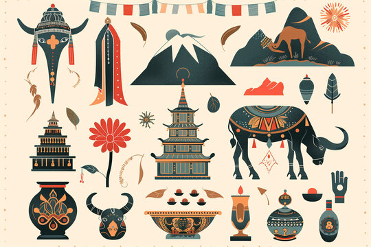 symbols that represent Nepal. Include items like Mount Everest, a prayer flag, a yak, a traditional Nepali drum (madal), the Boudhanath Stupa, and a bowl of momo. 