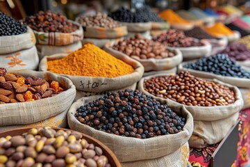 A variety of spices are displayed in bags, including black pepper, cumin
