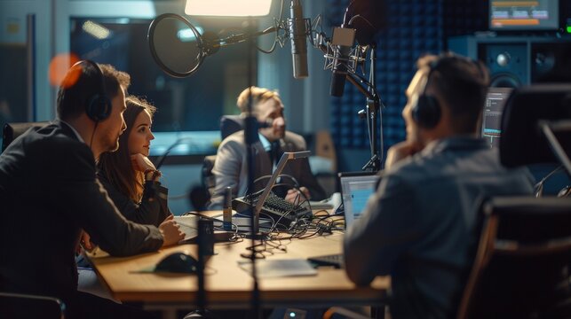 Professional broadcasting podcast team in a recording studio. Media equipment