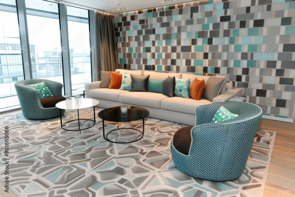 Poster modern lounge area with colorful furniture geometric patterns and natural light creating a vibrant a
