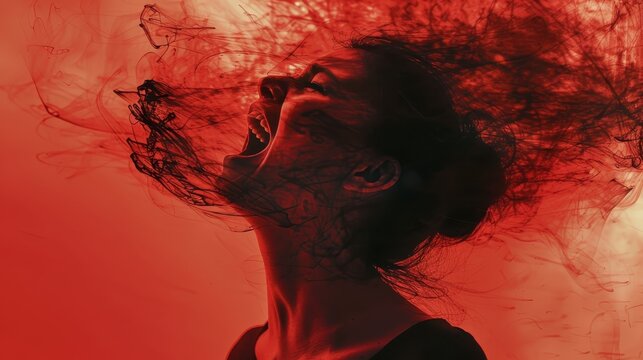Person with a red and black smoke-like substance emanating from their mouth, suggestive of a strong emotional outburst or a creative expression