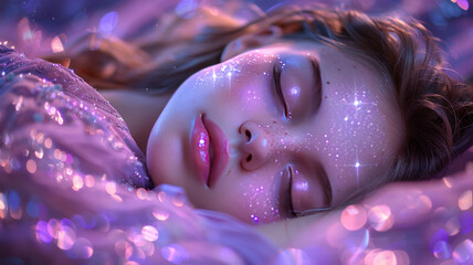 a girl is asleep in a room with stars, in the style of realistic fantasy artwork,generative ai