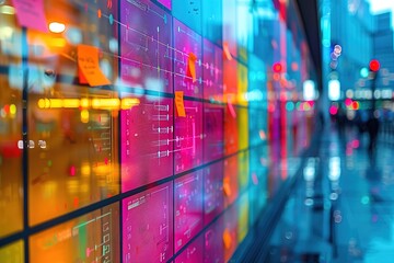 A colorful display of squares with sticky notes on them