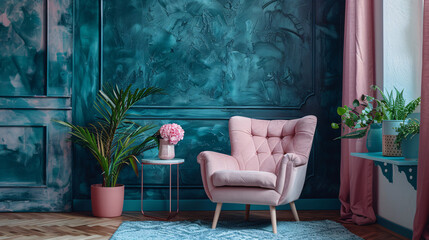 Pink Velvet Charm: A vintage-inspired pink armchair invites relaxation in a teal room, accented by lush greenery and soft textures. 