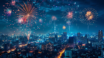 City Lights Under a Fireworks Symphony: A vibrant cityscape bursts with color as a dazzling fireworks display illuminates the night sky, capturing the magic and excitement of a grand celebration. 
