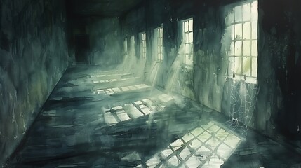Empty stone ancient hall inside of old prison hall or castle dungeon with bars on the windows and light of sun beams. Watercolor painting.
