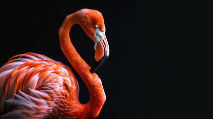 A vivid close-up of a flamingo, striking pink feathers, proud posture, dark minimal background