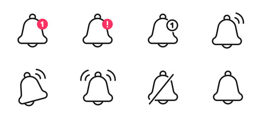Notification bell icon set. Alarm symbol, Incoming message. Bell for subscribe, alarm and push chat alert. New notification, reminder. Golden bell shakes to alert you. Editable Stroke