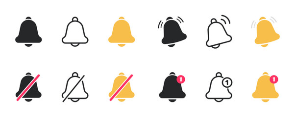 Notification bell icon set. Alarm symbol. Incoming message symbol. Bell for subscribe, alarm and push chat alert. New notification, reminder. Golden bell shakes to alert you to an upcoming schedule