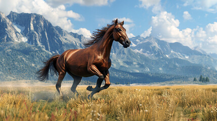 Majestic 3D Cartoon Horse Running Freely in Open Field with Mountain Landscape, Copy Space Available
