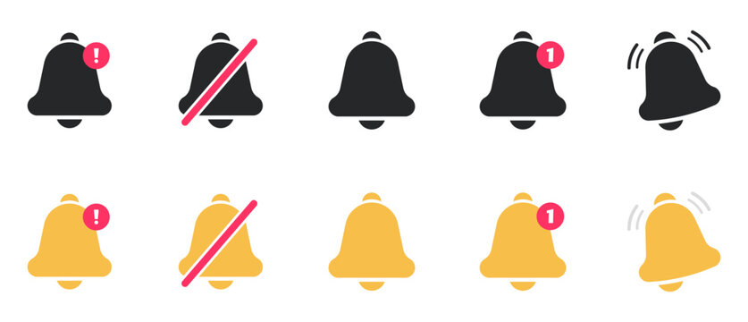 Notification bell icon set. Alarm symbol. Incoming message symbol. Bell for subscribe, alarm and push chat alert. New notification, reminder. Golden bell shakes to alert you to an upcoming schedule