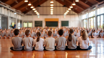 Children meditating together in a spacious hall, promoting mindfulness and focus in a serene environment.