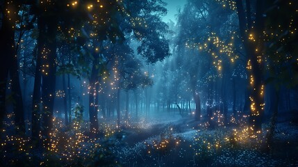 Mystical magical forest at night with glowing lights