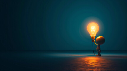 Illuminating Ideas - 3D Cartoon Person Holding Glowing Lightbulb for Mental Clarity and Inspiration with Copy Space