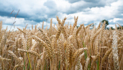 Field with cultivated wheat in Germany, harvest in the summer, agriculture for food, farmland on the countryside