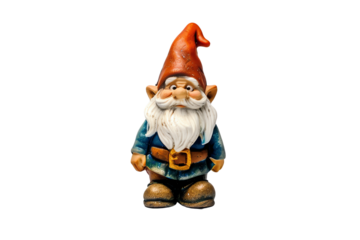 Cheerful garden gnome with red hat, white beard, and blue outfit. Perfect for decoration and adding charm to outdoor spaces.