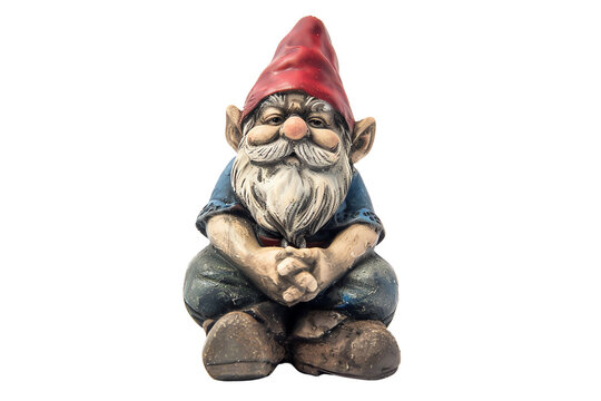 Cute garden gnome statue with a red hat, sitting cross-legged. Perfect for home and garden decor enthusiasts and collectors.