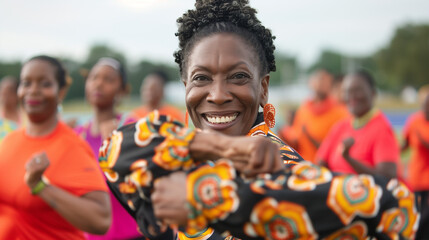 Diverse crowd participates in an outdoor fitness session led by a senior black woman. Dressed in vibrant athletic wear, they move in sync with each other