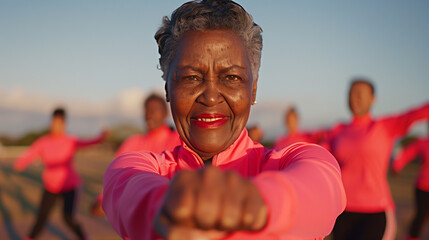 Elderly african american woman leads outdoor fitness class, smiling and stretching with clenched fists