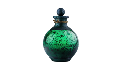 Vintage green potion bottle with cork stopper isolated on white background, ideal for fantasy, alchemy, and magic-related themes.