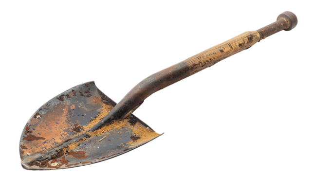 Rusty old shovel with a wooden handle isolated on a white background, perfect tool image for gardening and construction themes.
