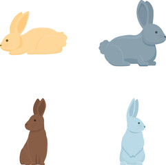 Set of four adorable cartoon rabbits in different colors and poses isolated on a white background