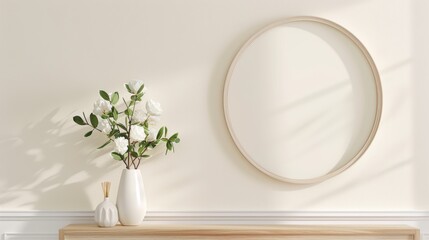 A beautifully decorated entryway with a console table, a mirror, and a vase of fresh flowers, with copy space, high-resolution photo, realistic photo