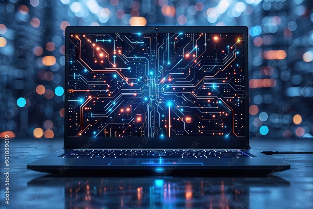 Poster a computer monitor displays a colorful, abstract design of circuits and wires