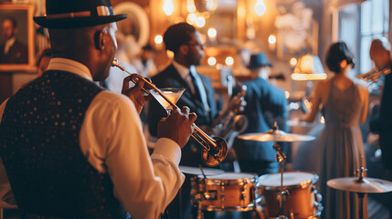 Chic cocktail party with jazz band and guests holding martinis