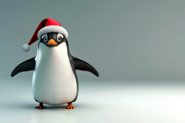 Obraz premium A penguin wearing a red hat and a white Christmas hat.