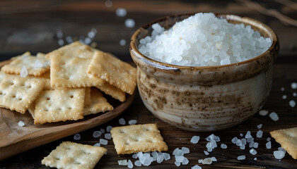 Fototapeta premium Salty cracker and sea salt in a pot on a dark wooden background